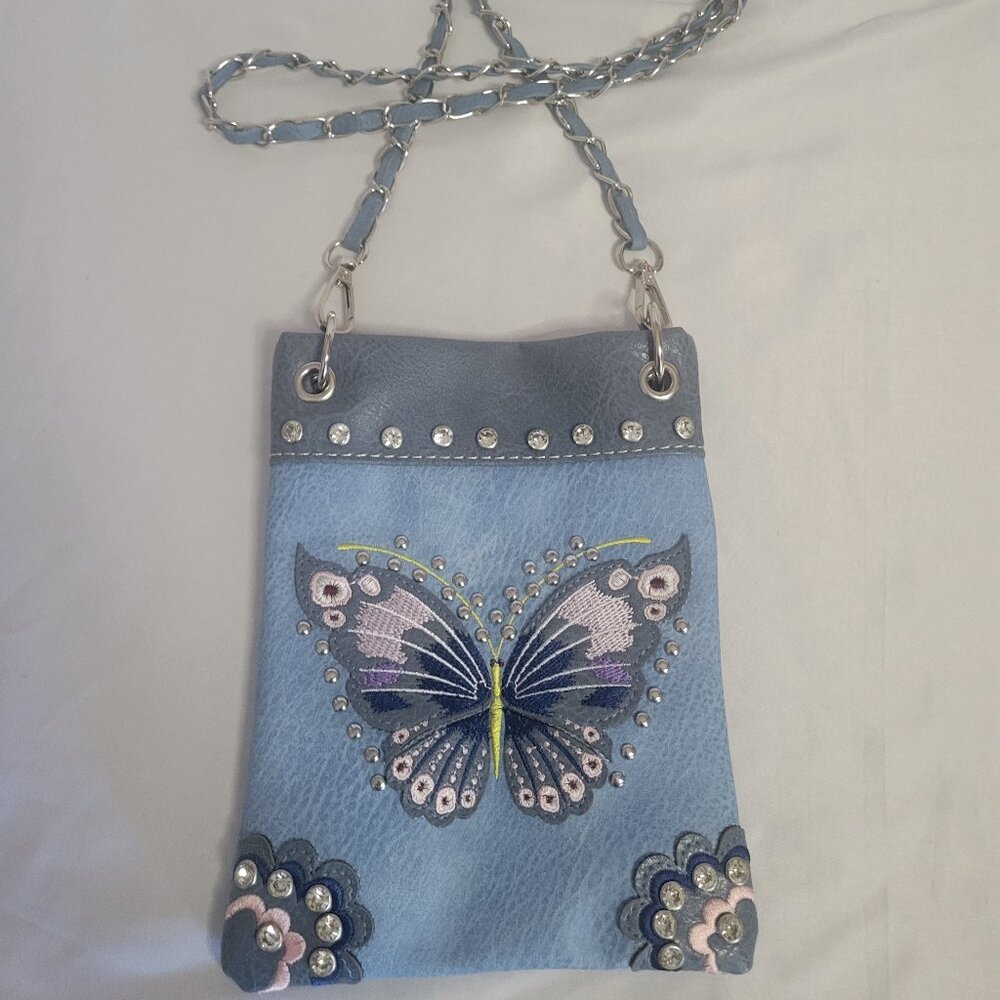 Slate Blue Butterfly Embroidery Style Crossbody Bag